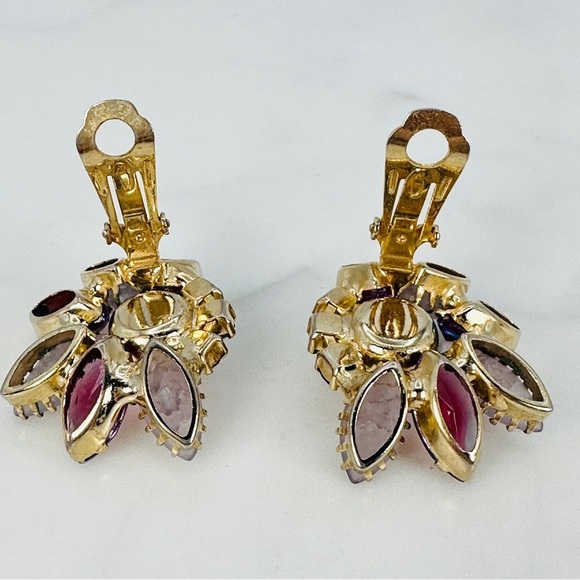 Vintage 1950s Brooch & Clip Earrings Set Amethyst & Frosted Rhinestone Marquise - Picture 10 of 15